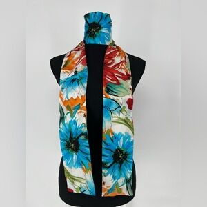 TALBOTS SILK SCARF, FLORAL IN WHITE BLUE ORANGE AND RED‎